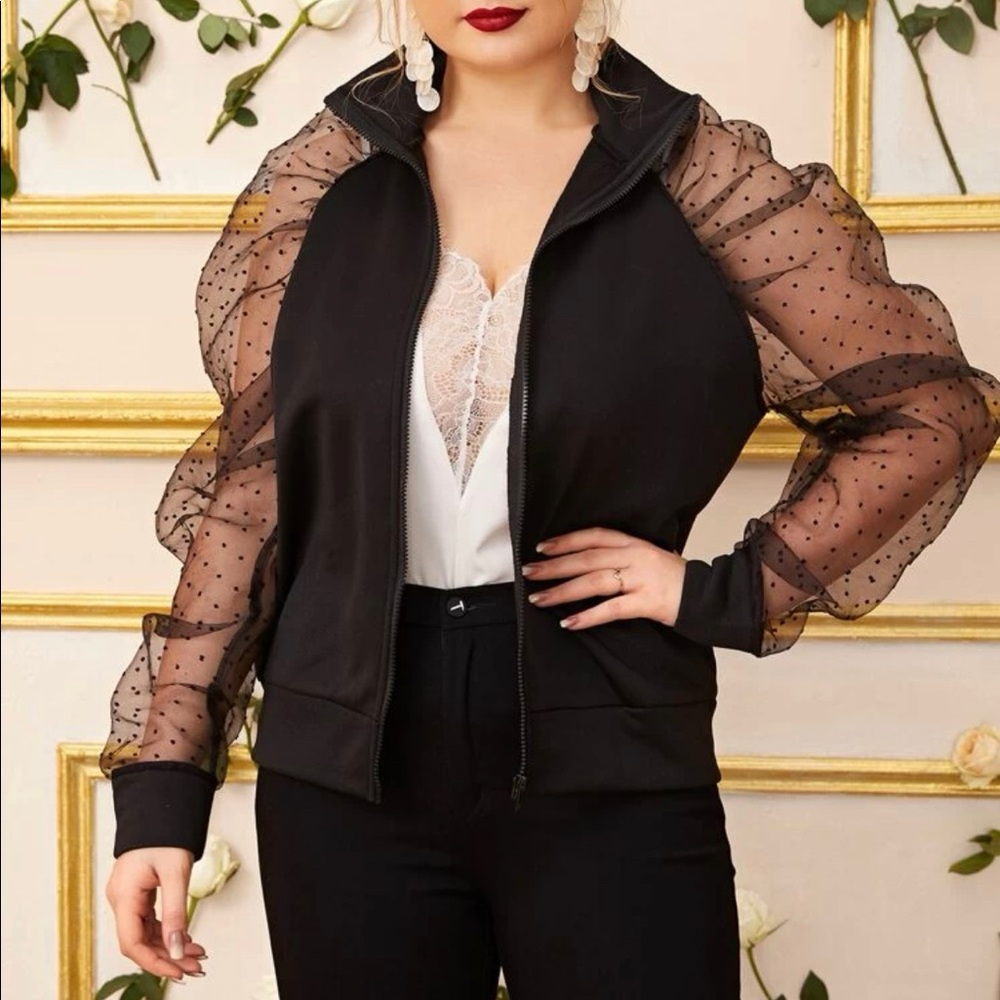 Shein Dobby Dot Mesh Puff Sleeve Zip-Up Jacket Sz. L